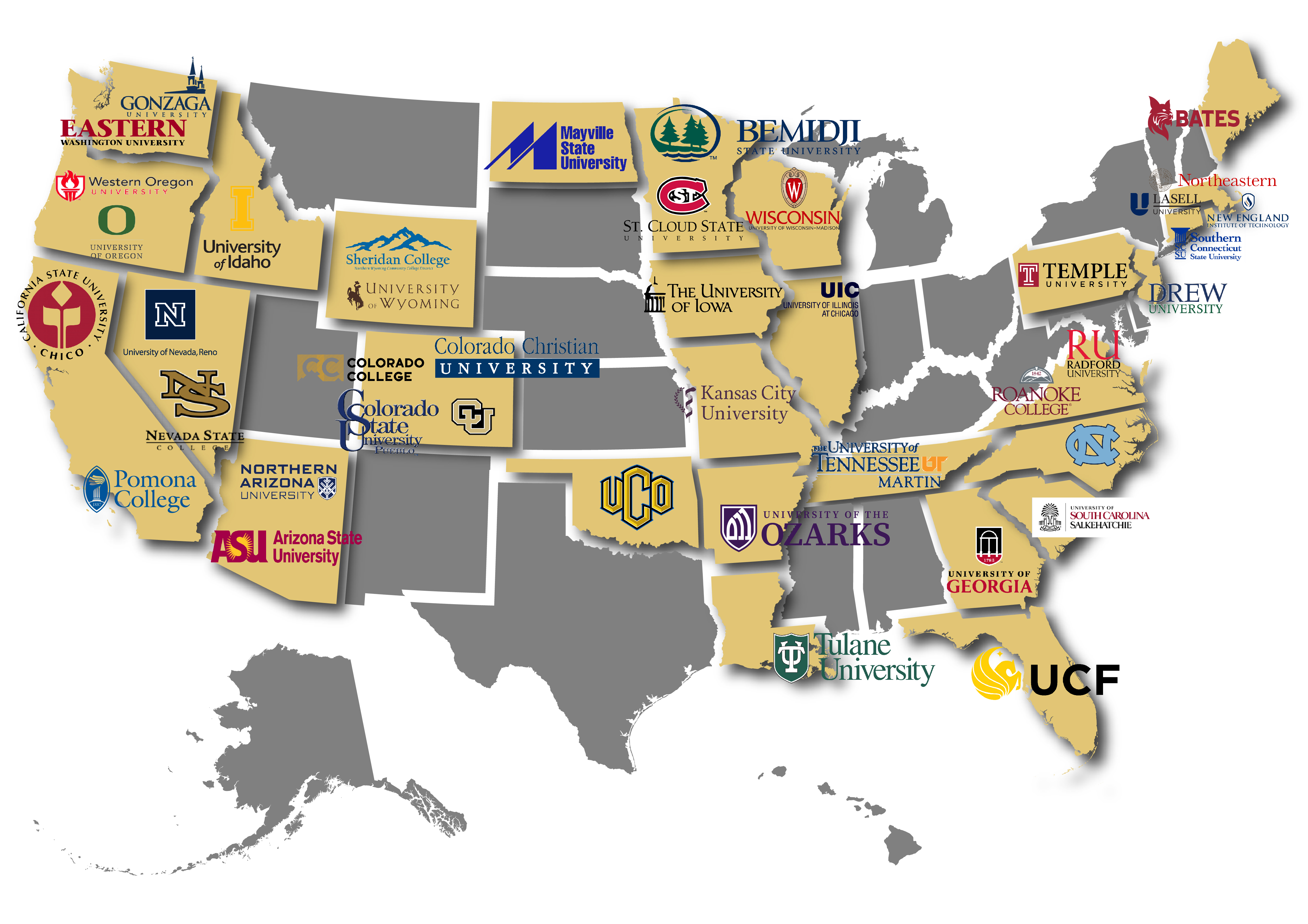 map of United States that highlights states & universities where SAHE alumni work or have worked 